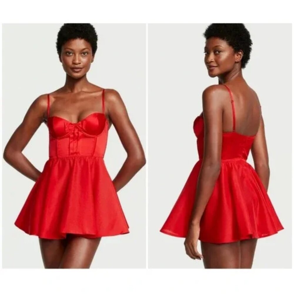 Victoria's Secret Red Corset-Style Lingerie Slip Dress & V-String